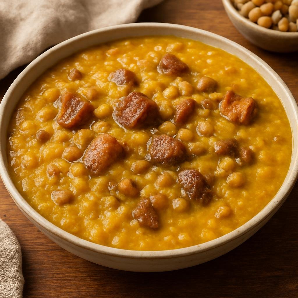 Entree: Barbados – Southern Culinary Region – Jug Jug (Traditional Bajan stew of salted meat with pigeon peas and cornmeal, served thick and comforting) recipe