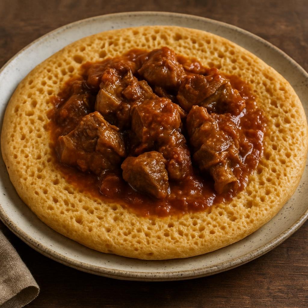 Entree: Djibouti – Southern Culinary Region – Lahoh with Stew (Slightly sour spongy pancake with lamb stew) recipe