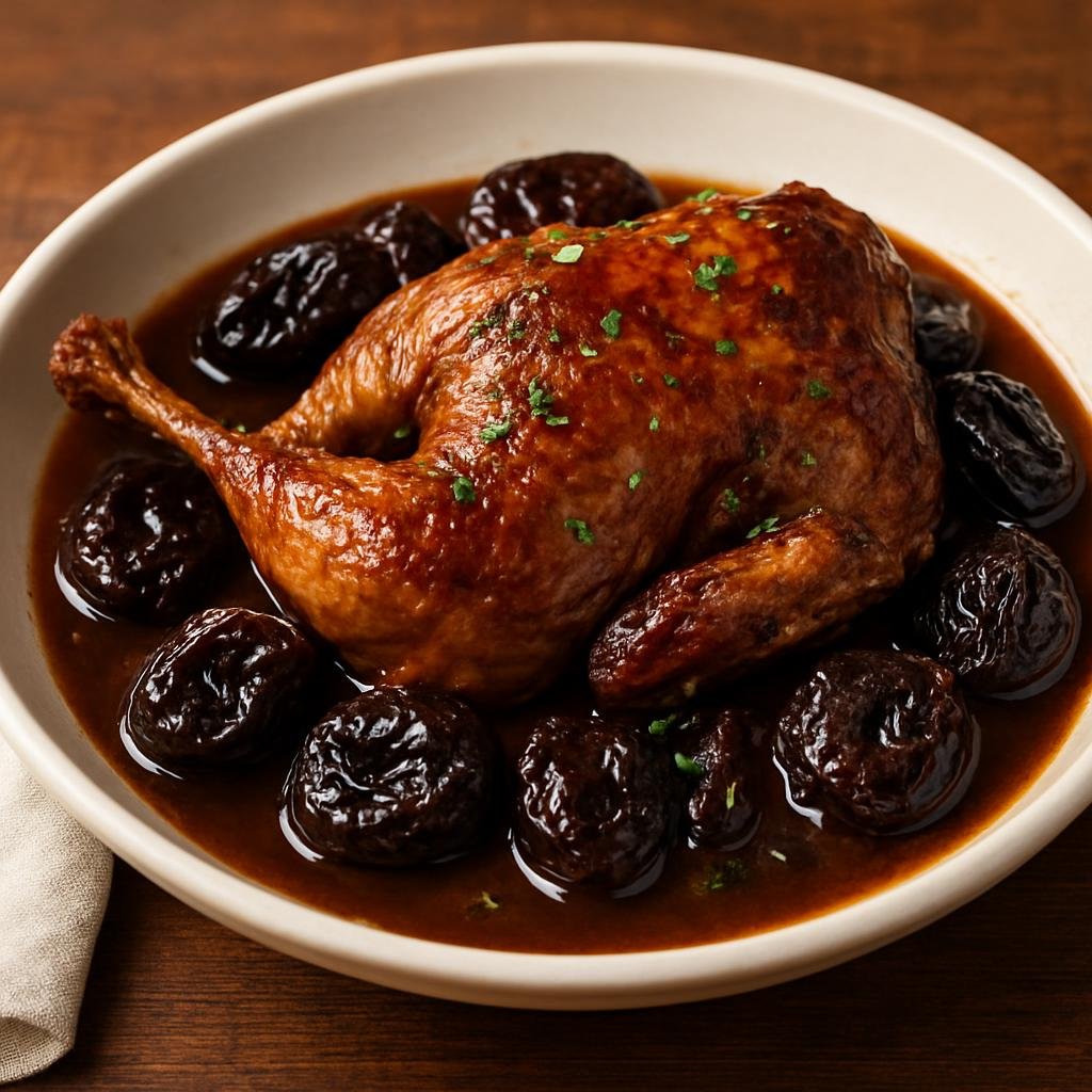 Entree: France – Bordeaux / Aquitaine – Pintade aux Pruneaux (Braised guinea fowl cooked with prunes and red wine in a rich, savory-sweet sauce) recipe