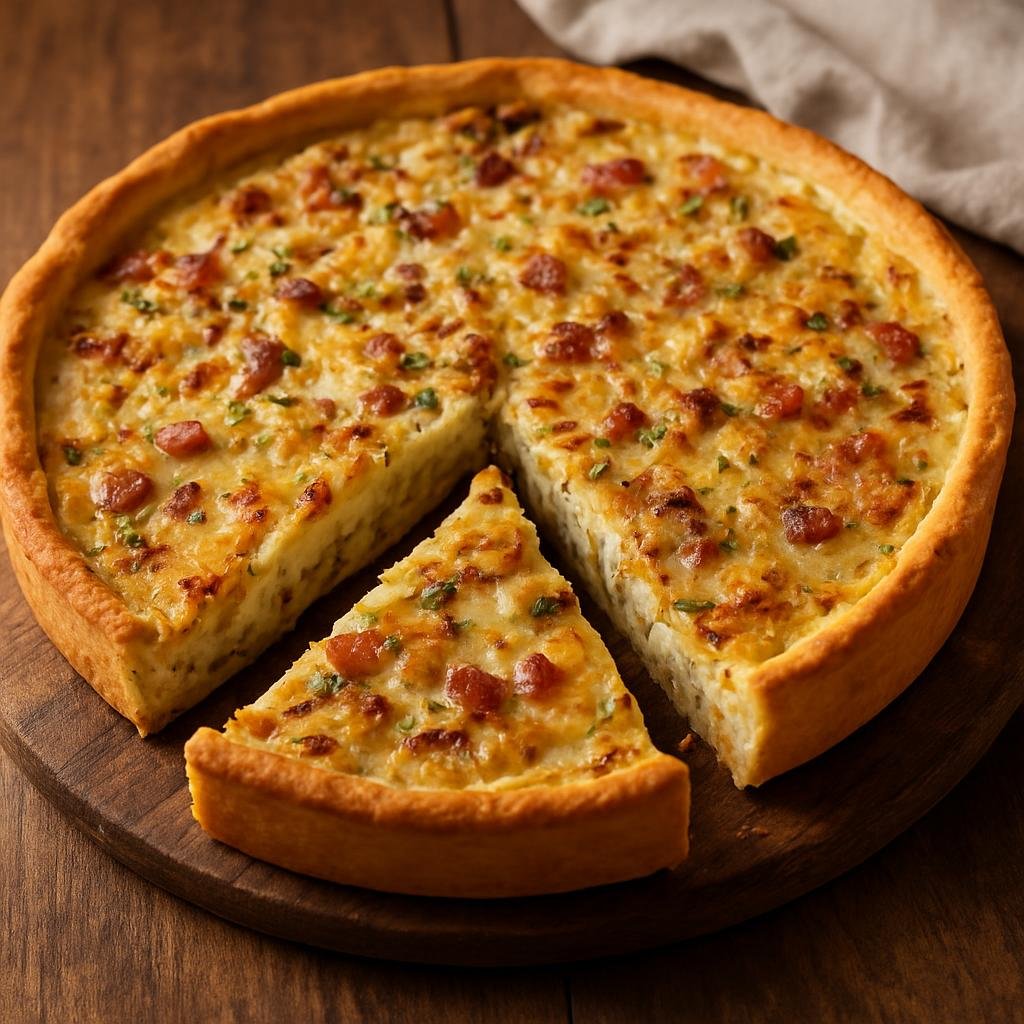Entree: Germany – Franconia – Zwiebelkuchen (Rustic Franconian savory onion and bacon tart with a creamy egg and sour-cream filling) recipe