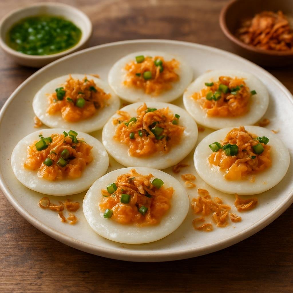 Entree: Vietnam – Hue – Bánh Bèo (Small steamed savory rice cakes topped with seasoned shrimp, scallion oil, and crispy shallots) recipe