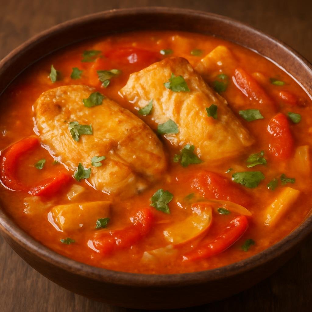 Entree: Cape Verde – Southern Culinary Region – Moqueca de Peixe (Cape Verdean fish stew simmered in coconut milk, tomatoes, peppers, and palm oil) recipe