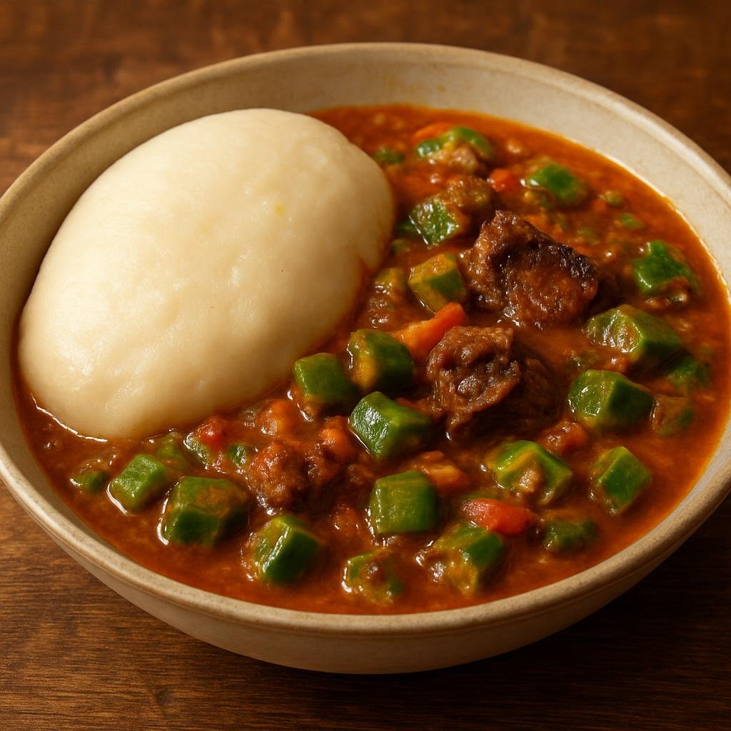 Entree: Central African Republic – Southern Culinary Region – Fufu and Sauce Gombo (Cassava-based fufu served with a thick okra and tomato sauce typically cooked with beef or smoked fish) recipe