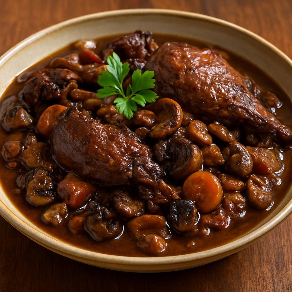 Entree: French Guiana – Southern Culinary Region – Civet de Lièvre (Traditional slow-braised hare stew in red wine with bacon, mushrooms, and aromatic vegetables) recipe