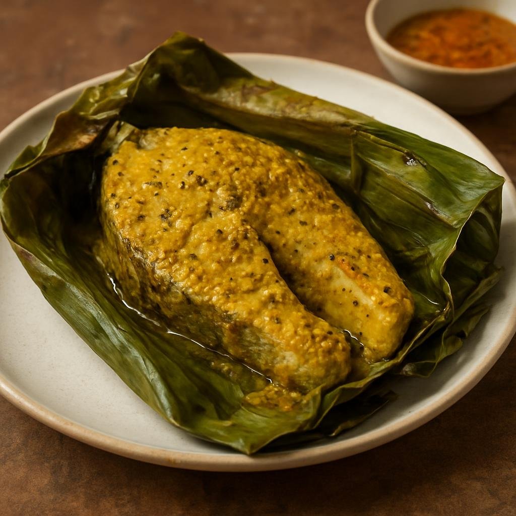 Entree: India – Bengal – ভেটকি পাতুরি ➤ Bhetki Paturi (Bengal-style mustard and poppy-seed marinated fish steamed in banana leaf) recipe