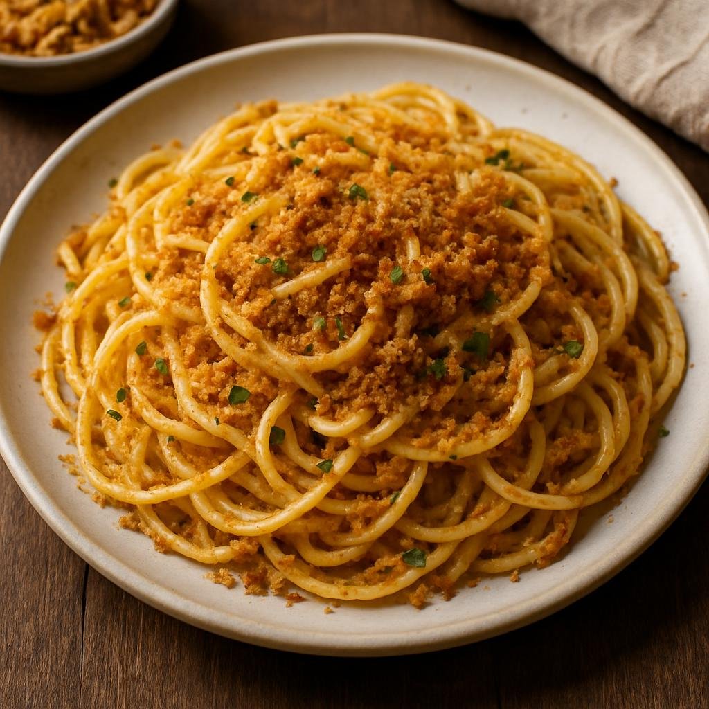Entree: Italy – Calabria – Pasta con la Mollica (Pasta tossed with toasted garlic-and-anchovy breadcrumbs) recipe