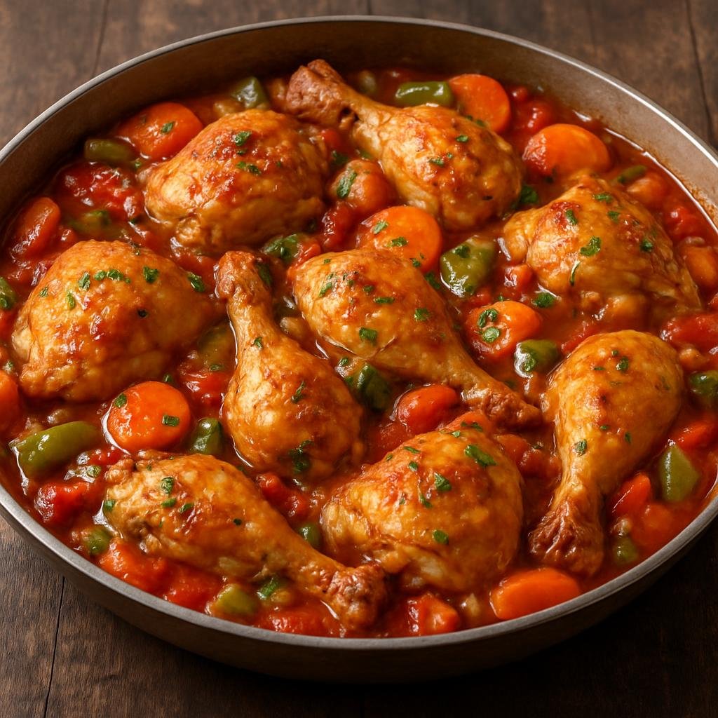 Entree: Argentina – Central Culinary Region – Pollo al Disco (Chicken pieces braised with vegetables and tomatoes in a wide shallow disc-style pan) recipe