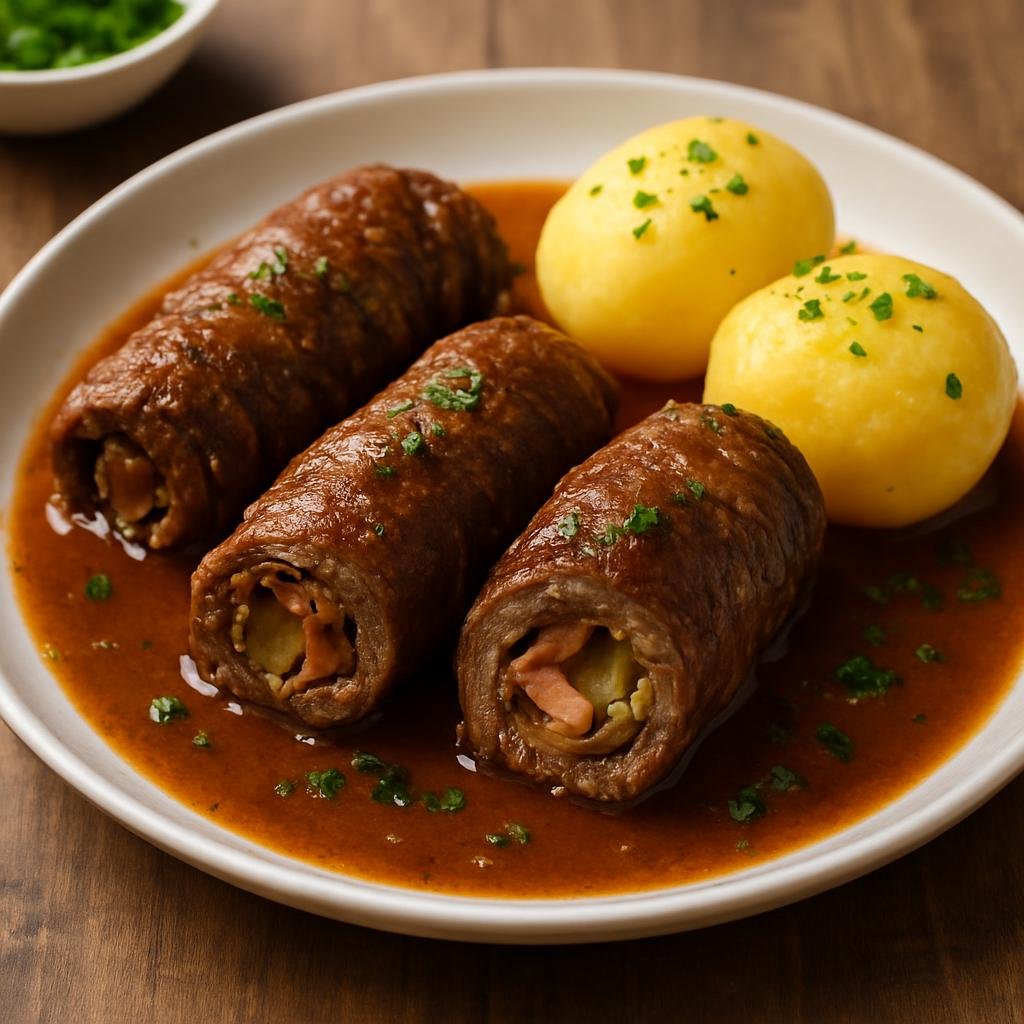 Entree: Austria – Tyrol – Rindsroulade (Thin beef rolls stuffed with bacon, onion, and pickles braised in a savory gravy) recipe