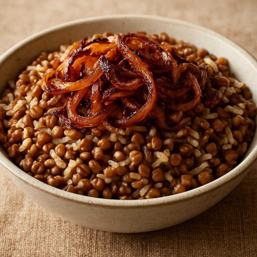 Entree: Israel – Mediterranean Israeli – מְג'דָּרָה ➤ Mujaddara (A simple dish of lentils and rice topped with deeply caramelized onions) recipe