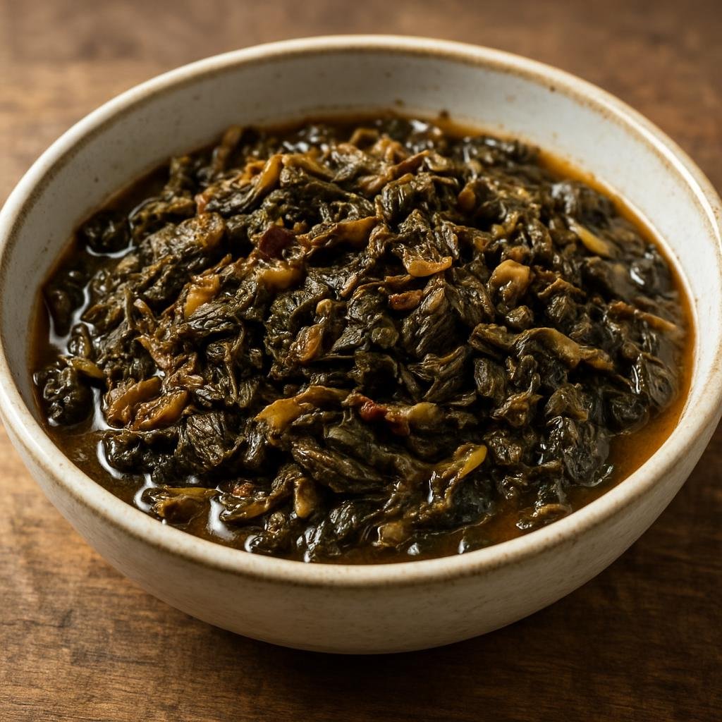 Entree: Nepal – Terai Lowlands – गुन्द्रुक ➤ gundruk (Stewed fermented leafy greens made from sun-dried, lactic-fermented vegetables, cooked into a tangy, savory Nepali entree) recipe