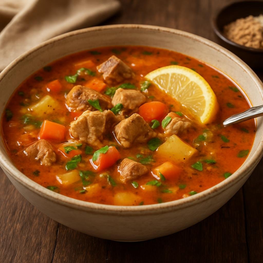 Entree: Romania – Transylvania – Ciorbă ardelenească (Hearty Transylvanian sour meat and vegetable soup traditionally soured with fermented bran or lemon) recipe