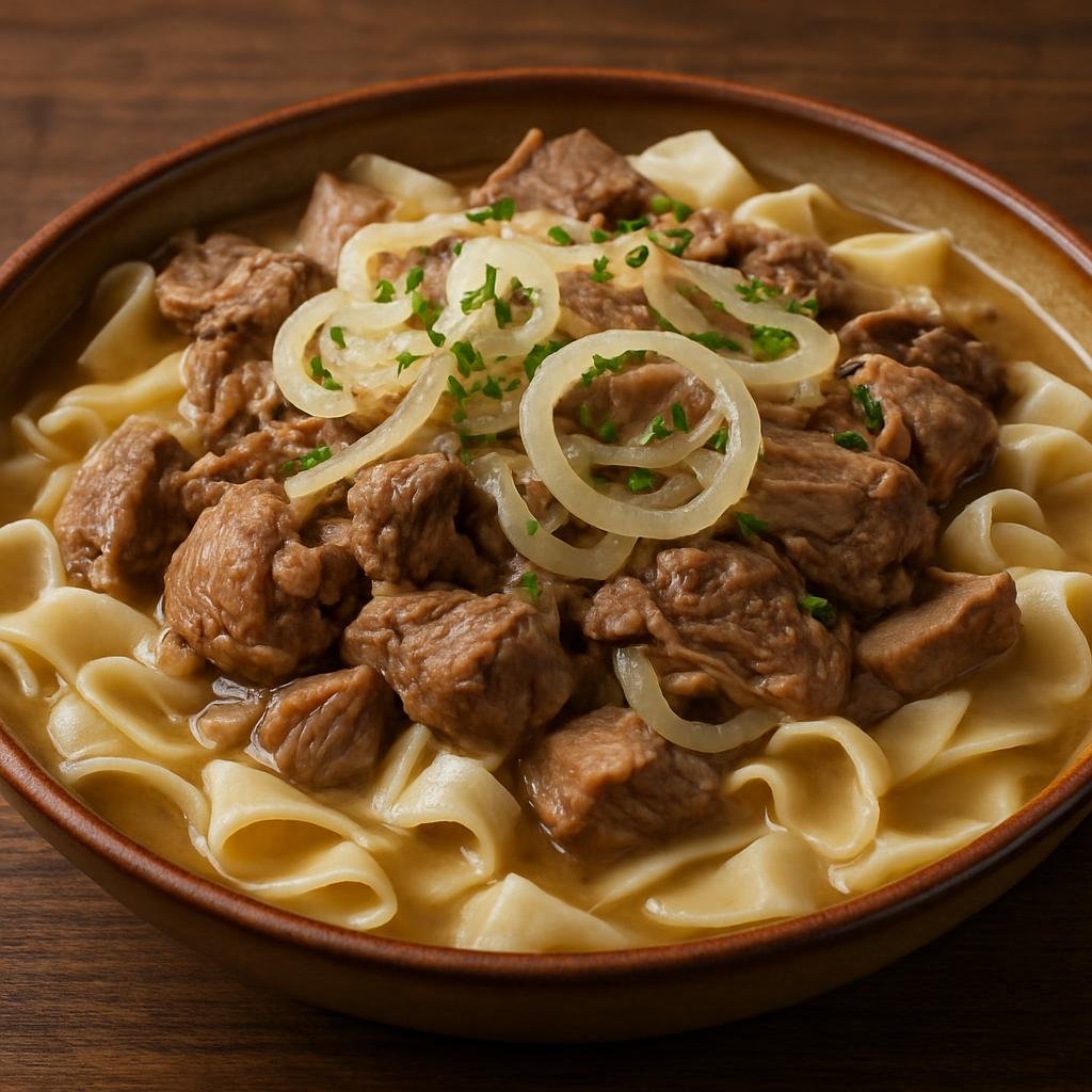 Entree: Uzbekistan – Samarkand – Beshbarmak (Boiled stewed meat served over hand-cut flat noodles with onion broth and sauce) recipe