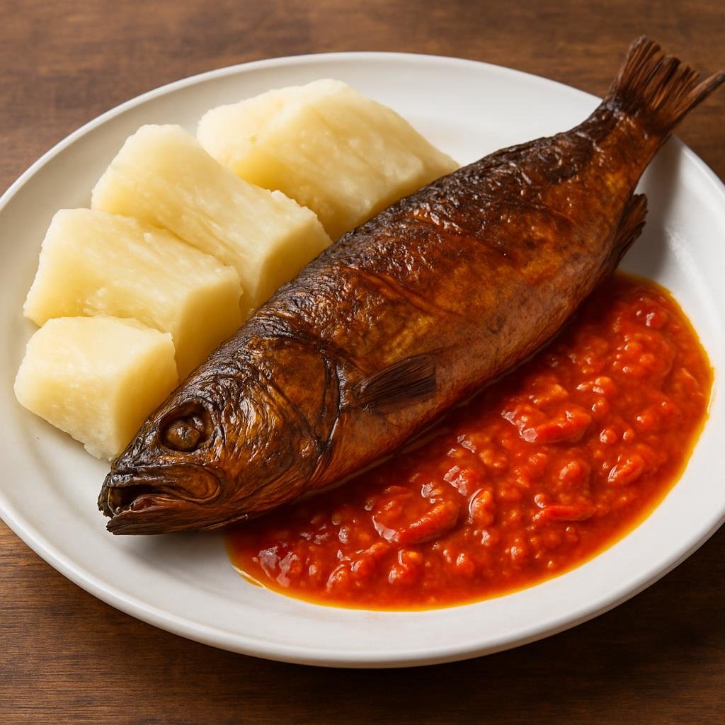 Entree: Equatorial Guinea – Southern Culinary Region – Smoked Fish with Yuca (Smoked whole fish served with boiled yuca and a hot palm-oil tomato sauce) recipe