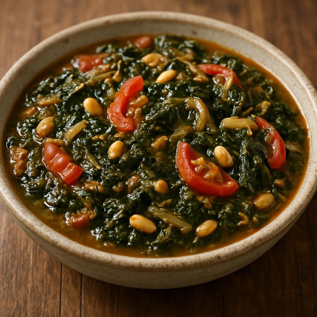 Entree: Eswatini – Southern Culinary Region – Morogo (Stewed wild leafy greens cooked with onions, tomatoes and peanut) recipe