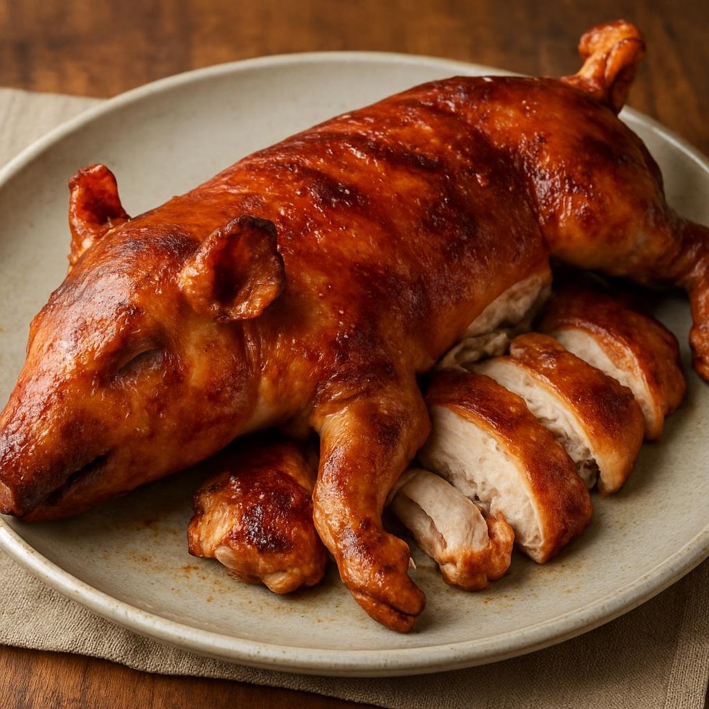 Entree: Spain – Balearic Islands – Porcella Rostida (Slow-roasted Balearic suckling pig or young pork roasted until the skin is crisp and the meat is tender) recipe