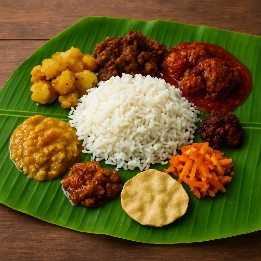 Entree: Malaysia – Malaysian Indian – வாழை இலை சாதம் ➤ Vaazhai ilai saadam (A communal-style rice meal served on a banana leaf with multiple curries, pickles, and condiments) recipe
