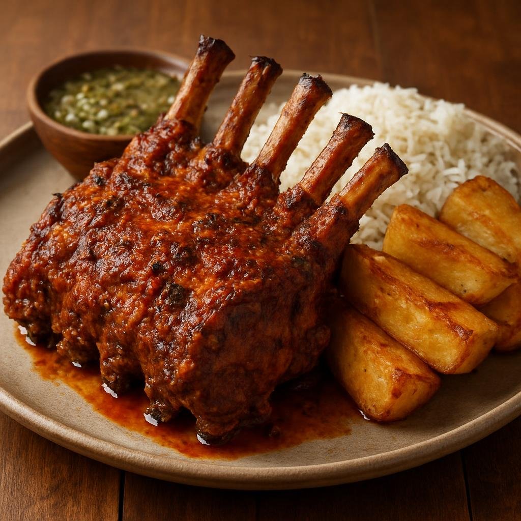 Entree: Peru – Arequipa – Costillar de Cordero (Slow-roasted lamb rib rack seasoned with Arequipa-style spicy and aromatic marinade) recipe
