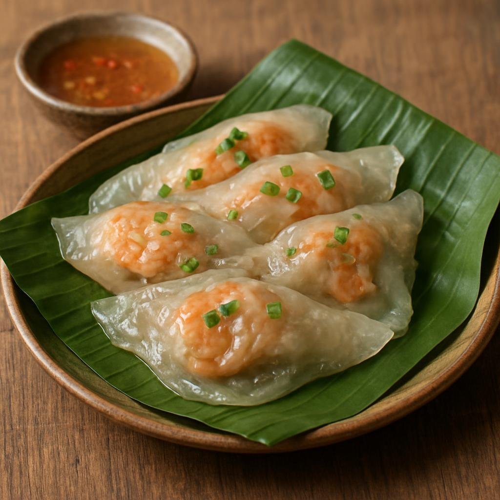 Entree: Vietnam – Hue – Bánh Bột Lọc (Clear tapioca dumplings filled with shrimp and pork, steamed in banana leaf) recipe