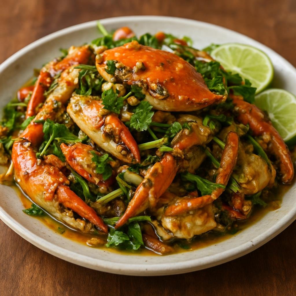Entree: Cambodia – Mekong Cambodia – ឆាក្តាម ➤ Cha Kdam (Cambodian stir-fried crab cooked with garlic, lemongrass, fish sauce, lime and fresh herbs) recipe