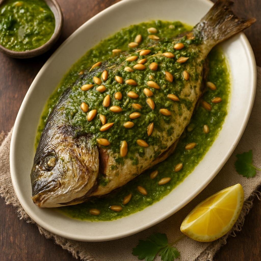 Entree: Lebanon – Northern Lebanon – سمك حَرّة ➤ Samak Ḥarra (Baked whole fish topped with a spicy tahini-garlic-cilantro sauce and toasted pine nuts) recipe