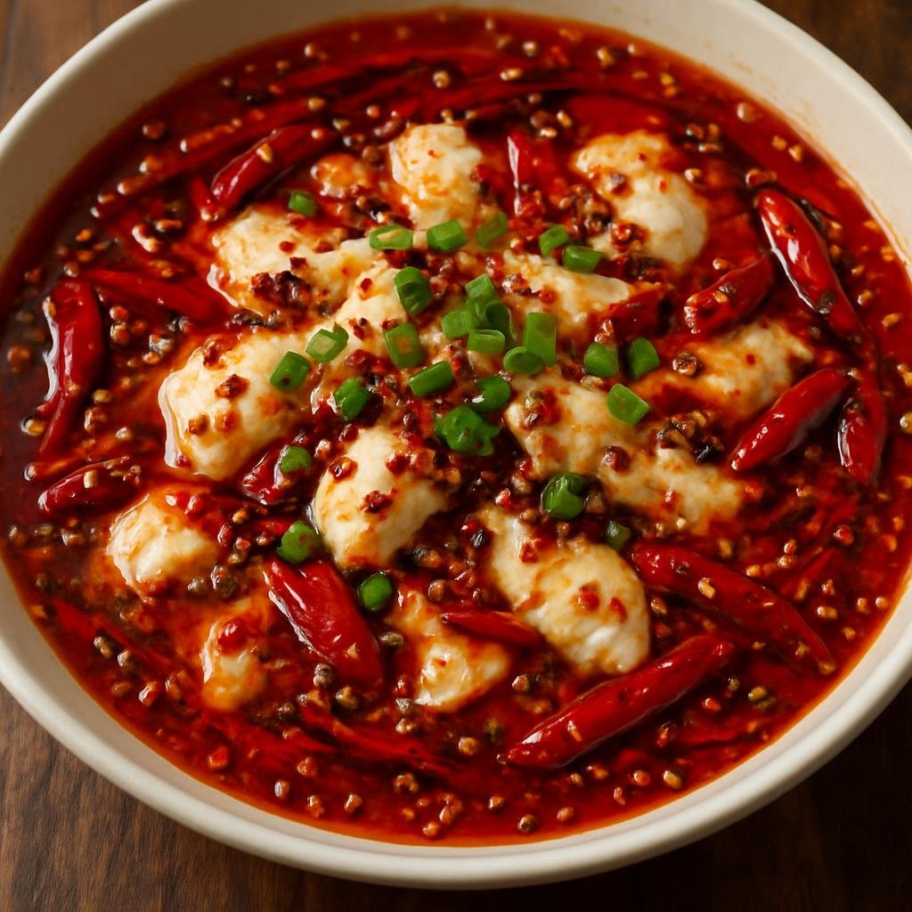 Entree: China – Central Culinary Region – 水煮鱼 ➤ Shuǐ zhǔ yú (Poached white-fish fillets served in a numbing, spicy Sichuan chili and peppercorn broth) recipe