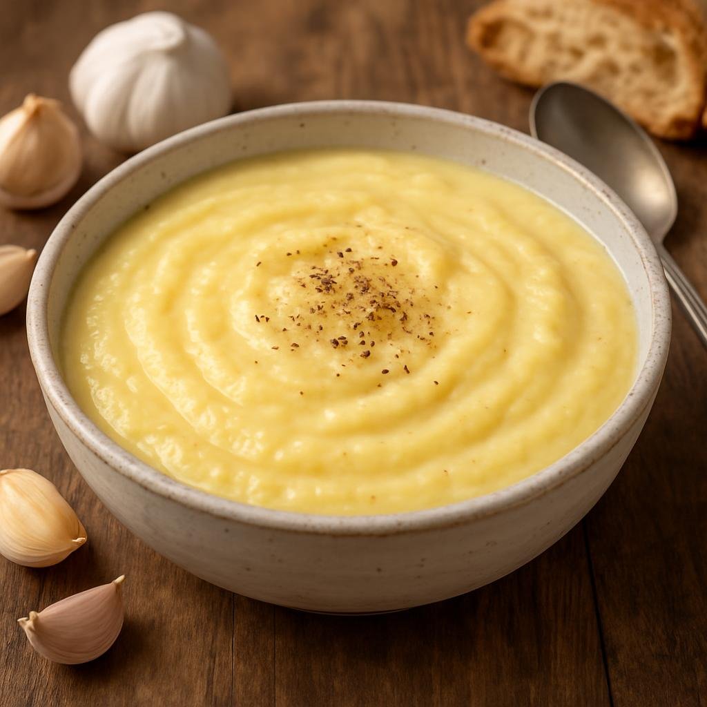 Entree: France – Bordeaux / Aquitaine – Tourin à l'ail (Rustic garlic soup from Bordeaux thickened and enriched with egg yolks for a creamy, aromatic purée) recipe