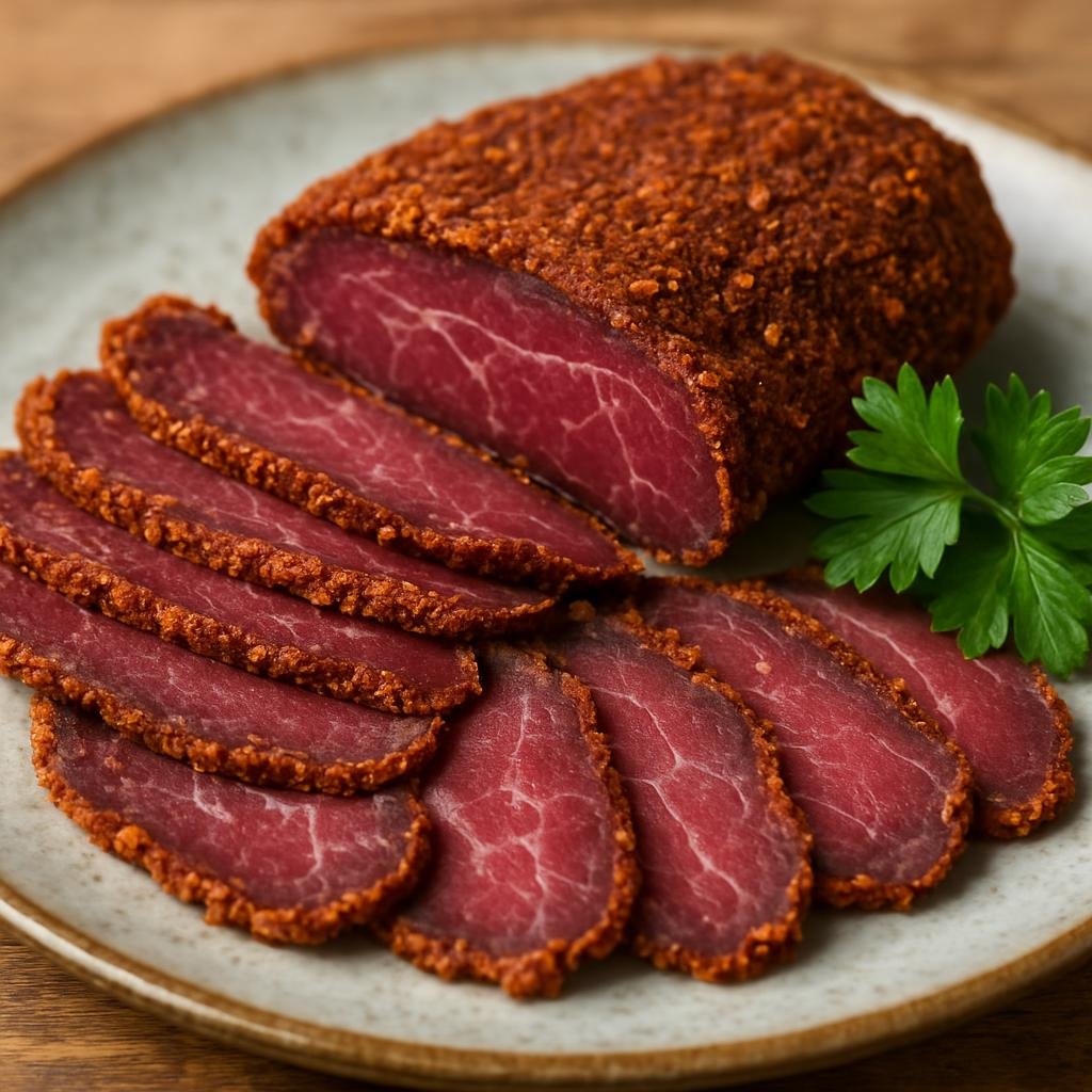 Entree: Russia – Caucasus Russia – Бастурма ➤ Basturma (Strongly seasoned air-dried cured beef coated with a fenugreek and spice paste served thinly sliced) recipe