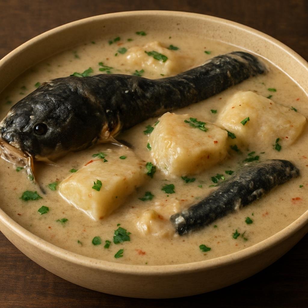 Entree: Nigeria – Igbo Southeast – Nsala Soup (Igbo white soup of catfish thickened with yam in a lightly spiced broth) recipe