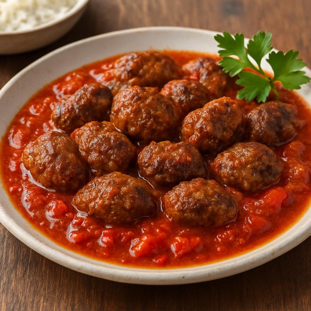 Entree: Turkey – Central Anatolia – Çullama Köfte (Pan‑fried spiced ground meatballs simmered in a rich tomato‑pepper sauce) recipe