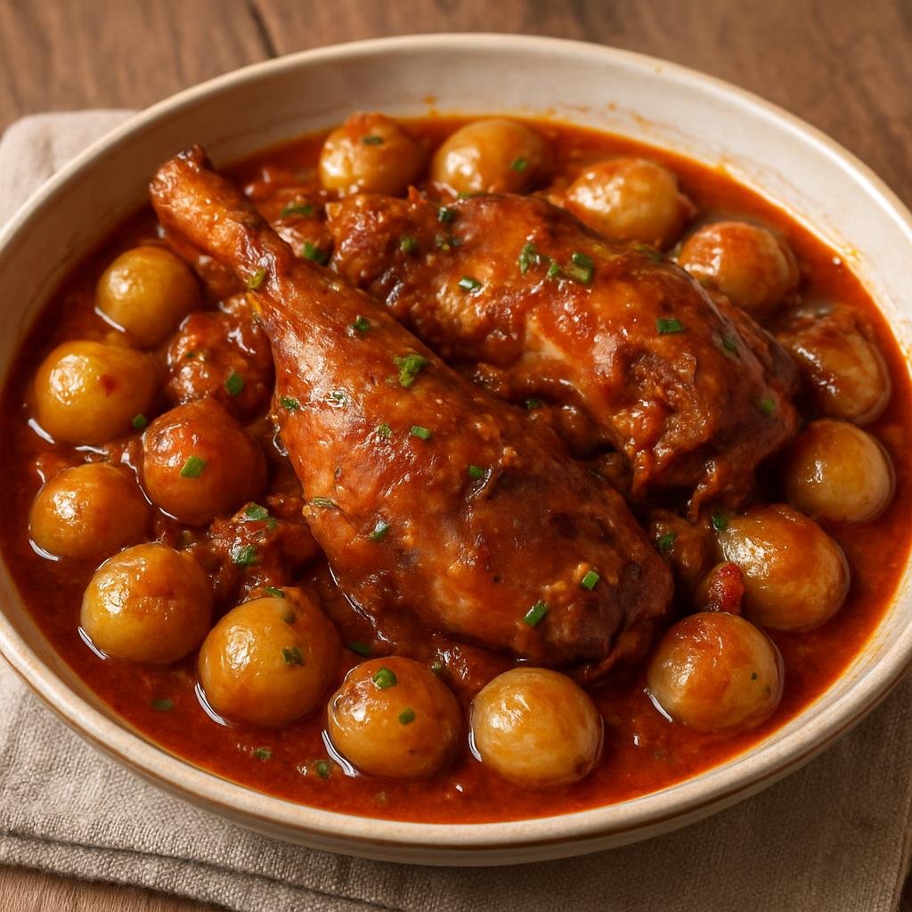 Entree: Greece – Cyclades – Κουνέλι στιφάδο ➤ Kouneli stifado (Rabbit stew braised with pearl onions, tomato, red wine, and warm spices) recipe