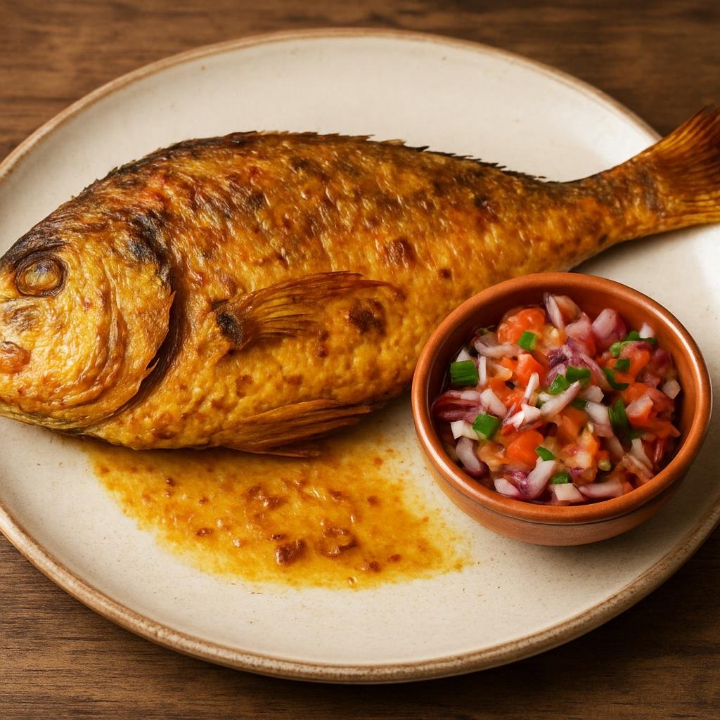 Entree: Peru – Arequipa – Malaya Dorada (Whole golden pan-fried or roasted sea bream marinated with Peruvian aji amarillo and garlic, served with salsa criolla) recipe