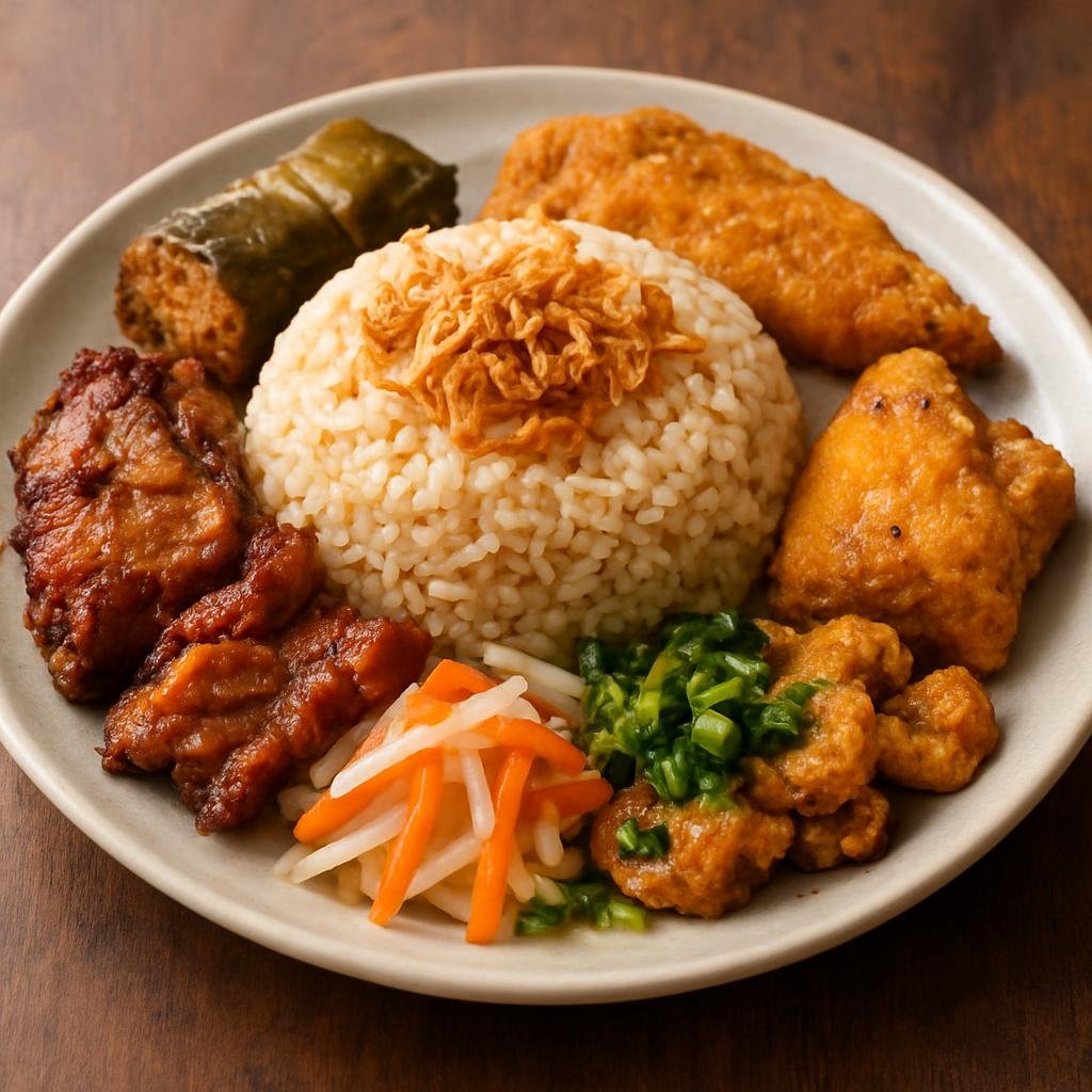 Entree: Vietnam – Hue – Cơm Âm Phủ (Hue-style mixed rice platter topped with assorted savory proteins, fried shallots, pickles and scallion oil) recipe