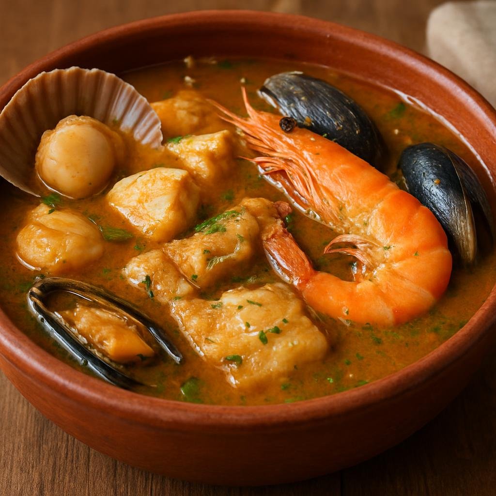 Entree: Chile – Northern Chile – Paila Marina (Hearty Chilean seafood stew served in an earthenware bowl with mixed shellfish and fish in a savory broth) recipe