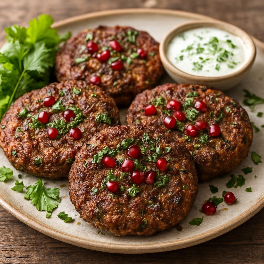 Entree: Afghanistan – Kabul & Central Afghanistan – چپلی کباب ➤ Chapli kabab (Pan-fried spiced minced meat patties flavored with coriander, pomegranate, and fresh herbs) recipe