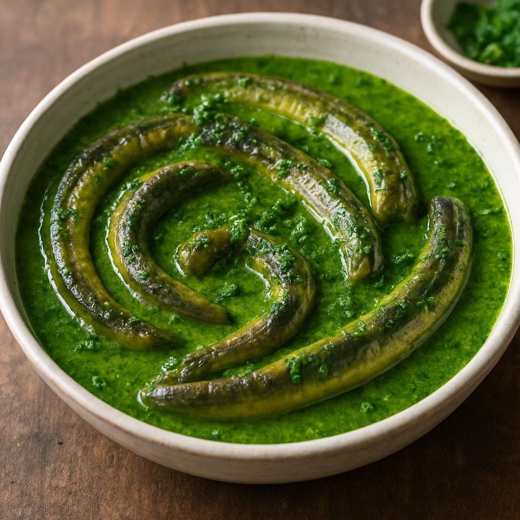 Entree: Belgium – Flanders – Paling in 't Groen (Freshwater eel cooked in a bright green herb sauce made from watercress, sorrel, and parsley) recipe