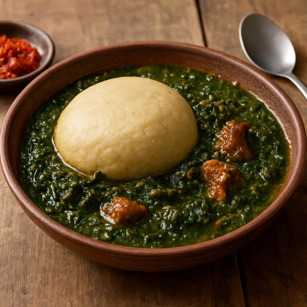 Entree: Ghana – Ghanaian Street Food – Tuo Zaafi (firm cornmeal porridge with jute leaf soup) recipe