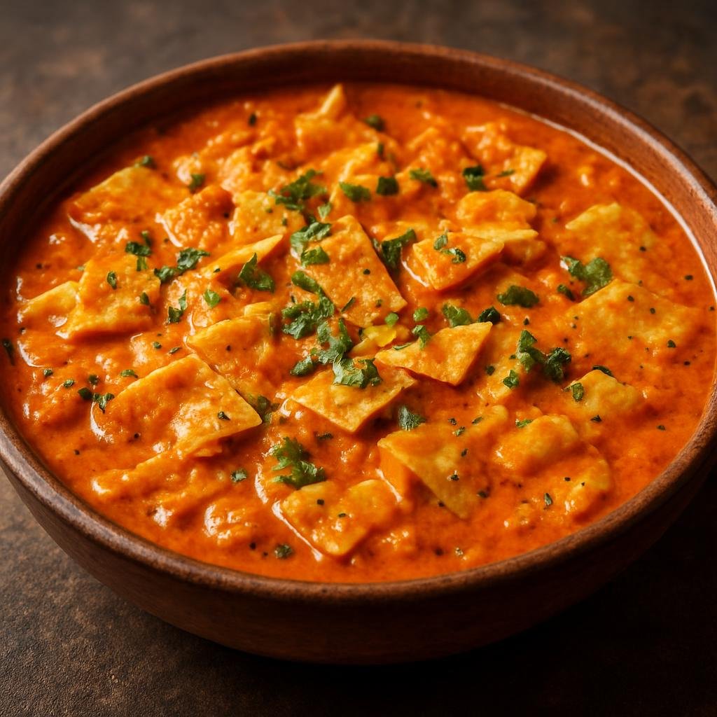 Entree: India – Rajasthan – पापड़ की सब्ज़ी ➤ Papad ki Sabzi (Rajasthani yogurt-tomato curry made with crushed papad crisps) recipe
