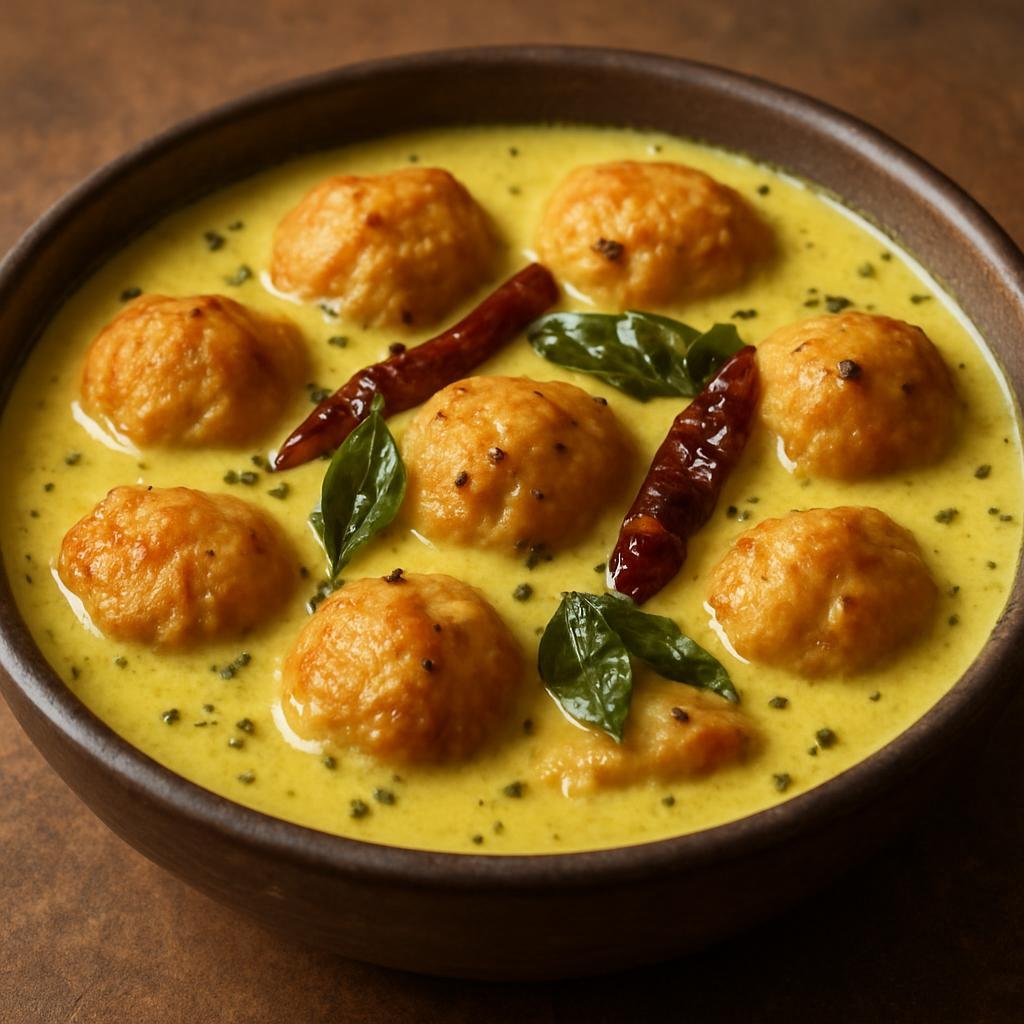 Entree: India – Rajasthan – राजस्थानी कढ़ी ➤ Rājasthānī Kaṛhī (Tangy yogurt and gram-flour curry with spiced fried dumplings) recipe
