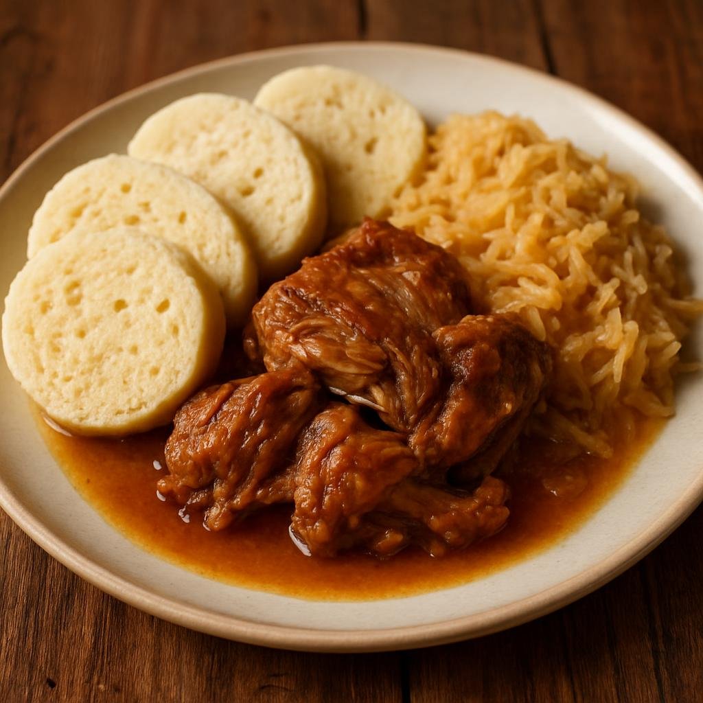 Entree: Czechia – Prague Pub Classics – Moravský Vrabec (Traditional Moravian roast pork braised until tender and served with bread dumplings and braised sauerkraut) recipe