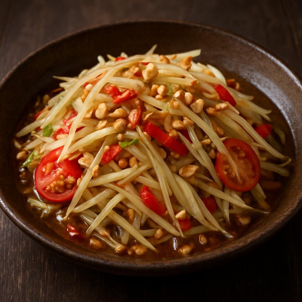Entree: Laos – Vientiane & Central Laos – ຕຳມັກຫຸ່ງ ➤ Tam Mak Hoong (Spicy shredded green papaya salad dressed with lime, fish sauce, chilies, and toasted rice) recipe