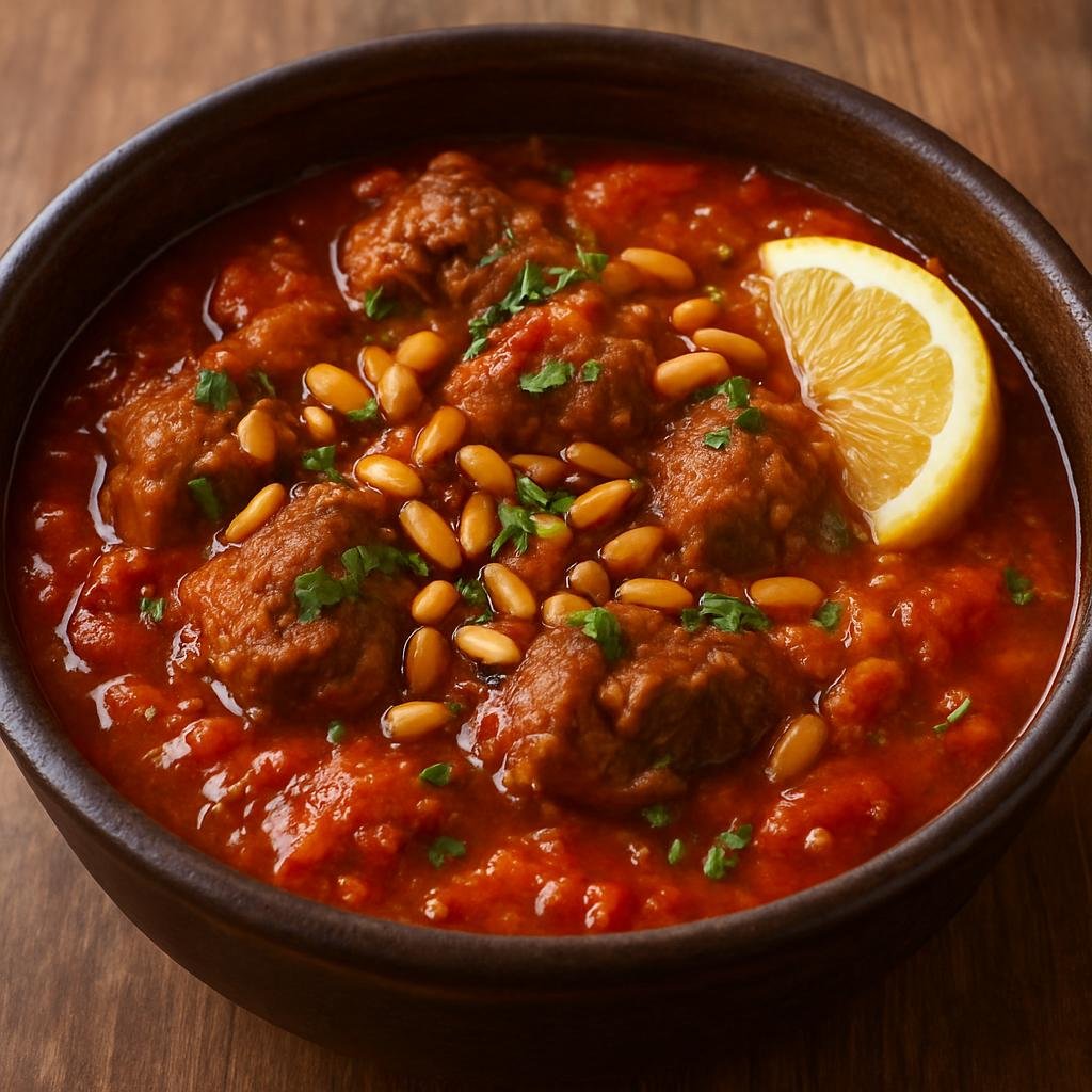 Entree: Lebanon – Northern Lebanon – رأس عصفور ➤ Ras Asfour (Northern Lebanese lamb and tomato stew simmered with warm spices and finished with toasted pine nuts and lemon) recipe