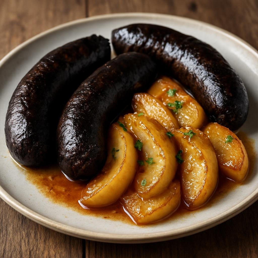 Entree: France – Bordeaux / Aquitaine – Boudin Noir aux Pommes (Pan-seared French blood sausages served with caramelized apples) recipe