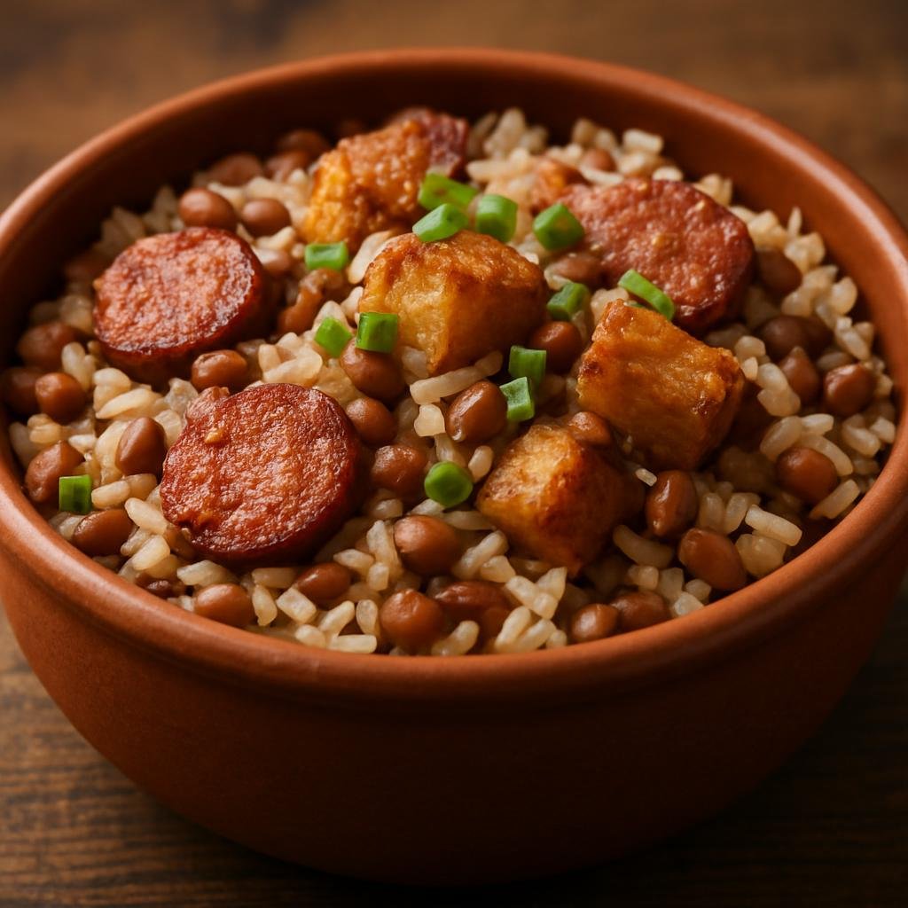 Entree: Brazil – Brazilian Street Food – Baião de Dois (Hearty northeastern Brazilian rice-and-beans dish cooked with smoked pork and cheese) recipe