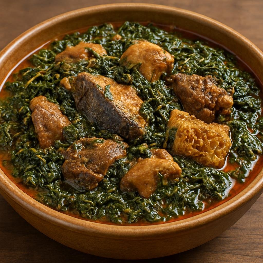 Entree: Nigeria – Igbo Southeast – Afang Soup (Hearty leafy vegetable and meat soup made with shredded afang leaves and waterleaf, cooked in palm oil with assorted proteins) recipe
