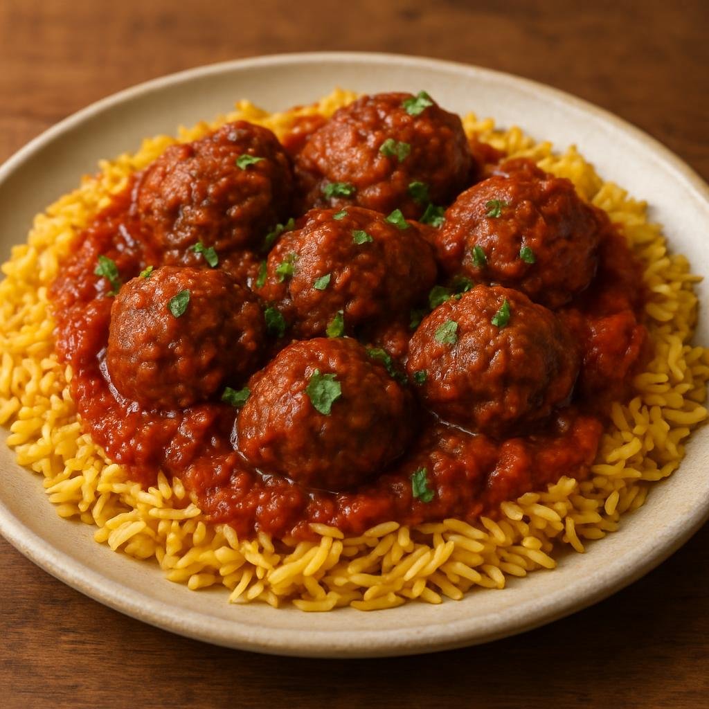 Entree: Afghanistan – Kabul & Central Afghanistan – کوفته چلو ➤ Kufteh Chelow (Spiced Afghan meatballs braised in a tomato-based sauce and served over saffron-flavored rice) recipe