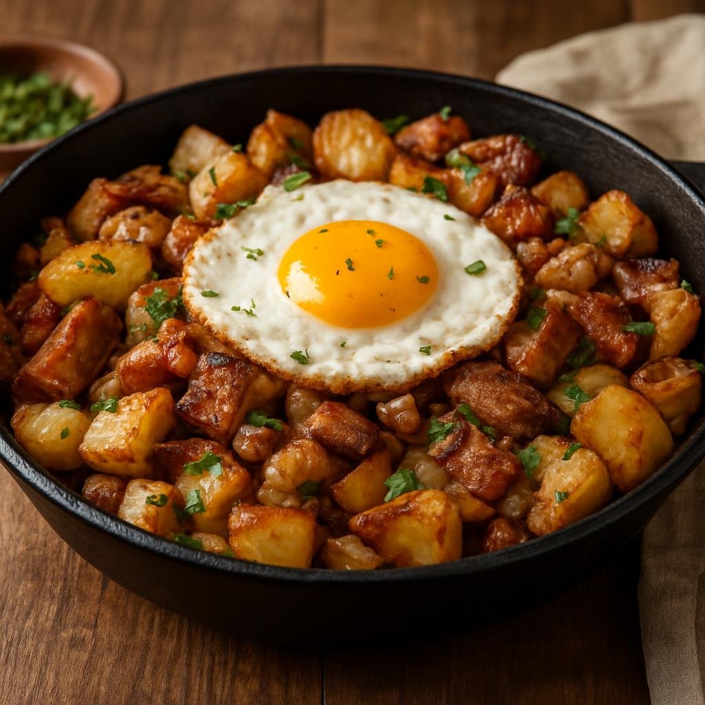 Entree: Austria – Tyrol – Bauerngröstl (rustic pan-fried potatoes with bacon, onions, and roasted meat finished with a fried egg) recipe