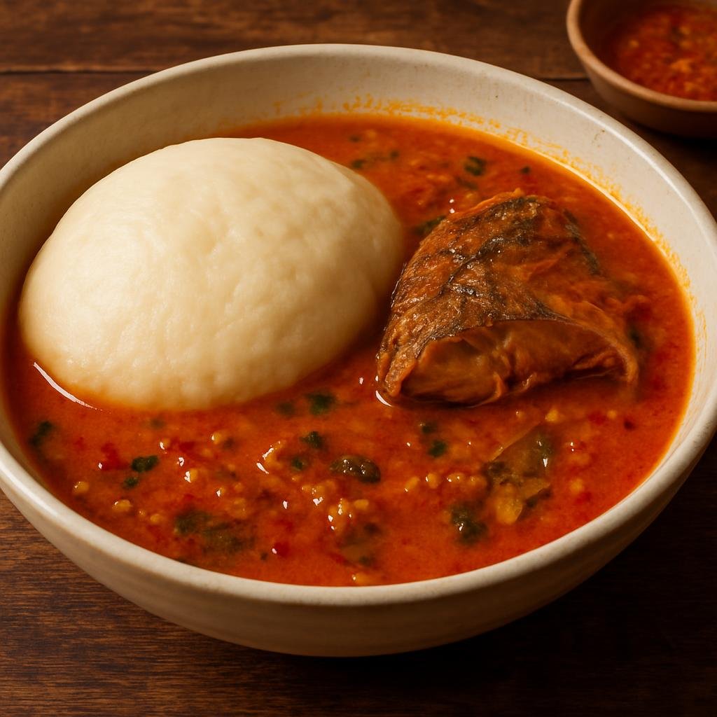 Entree: Ghana – Ghanaian Street Food – Fufu and Light Soup (Pounded cassava and plantain dough served with a thin, spicy tomato-pepper broth often cooked with fish or meat) recipe