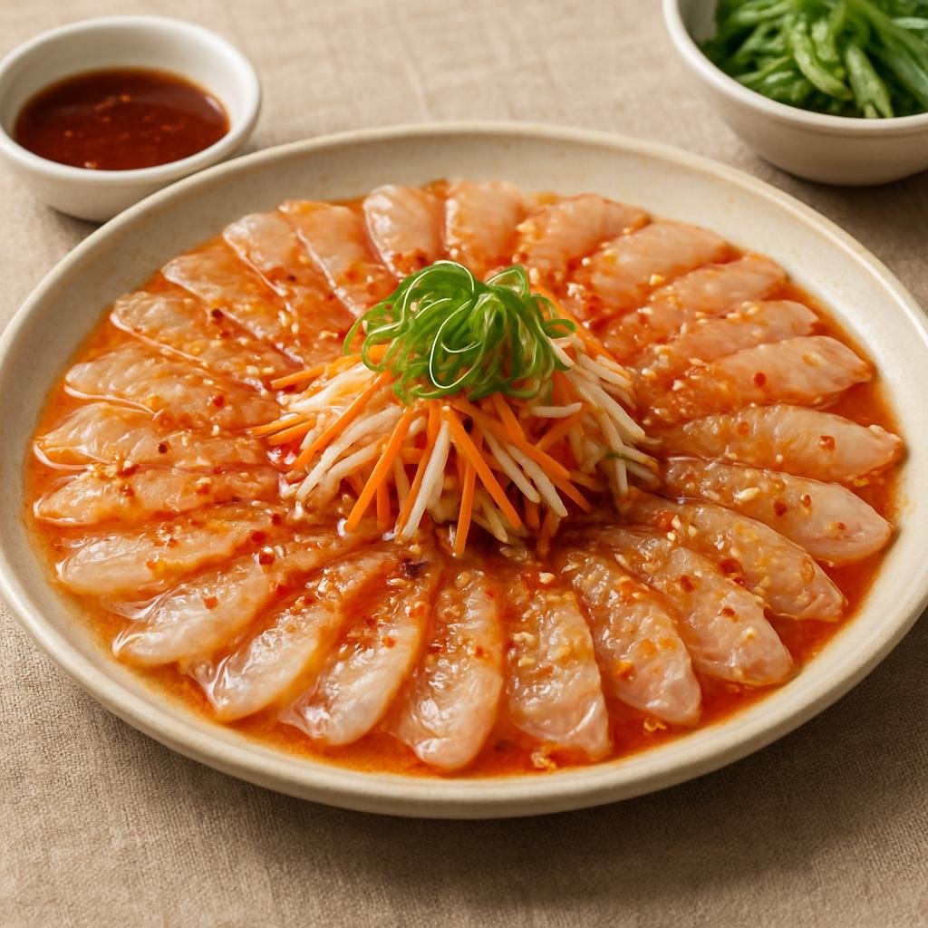 Entree: South Korea – Jeolla – 여수 서대회 ➤ Yeosu Seodaehoe (Thinly sliced raw flounder from Yeosu served cold with a sweet-tangy spicy vinegar dressing) recipe