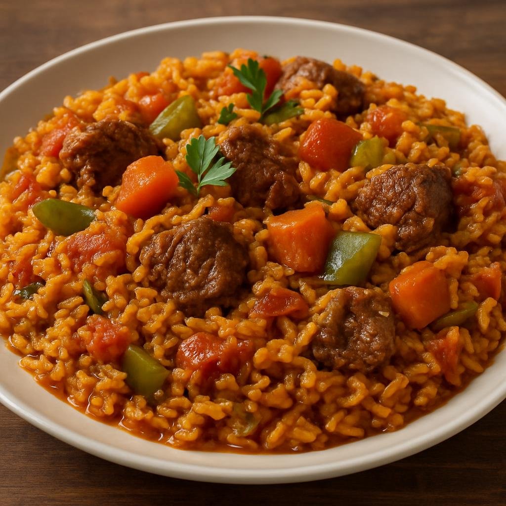 Entree: Cote d'Ivoire – Southern Culinary Region – Riz Gras (Hearty Ivorian tomato rice cooked with meat, vegetables, and palm oil) recipe