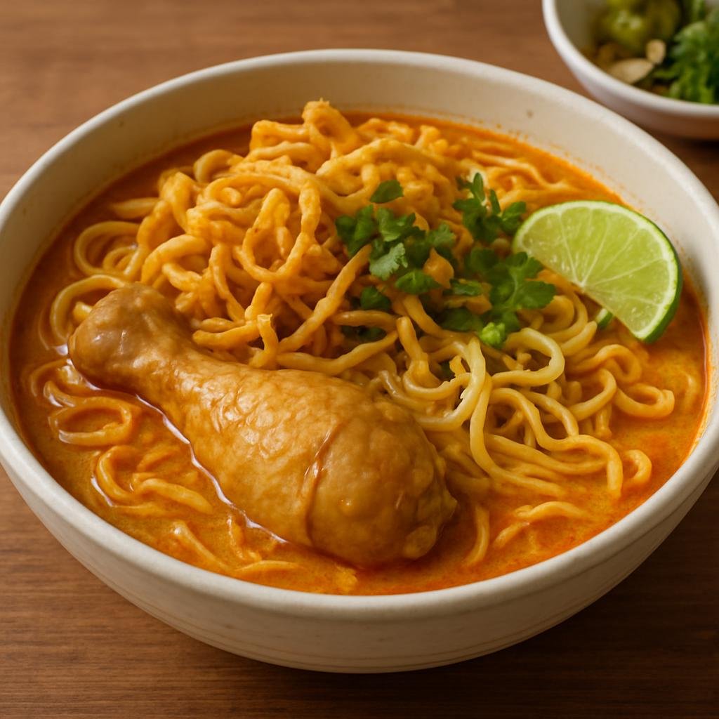 Entree: Laos – Vientiane & Central Laos – ເຂົ້າສອຍ ➤ Khao soi (Coconut curry noodle soup with soft and crispy egg noodles and savory chicken) recipe